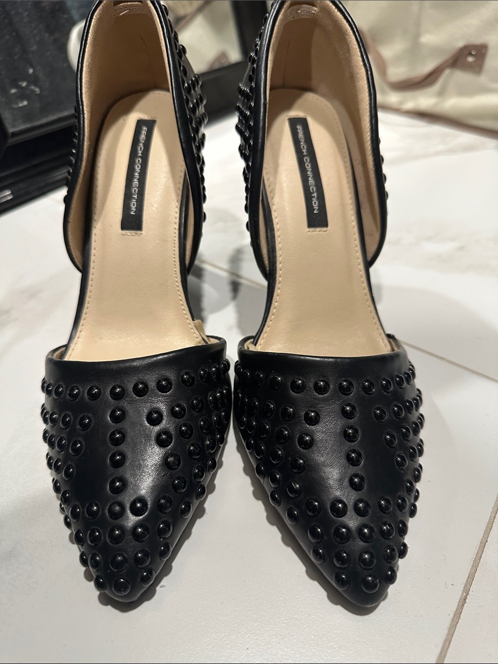 French Connection Black Studded Pointed Pumps